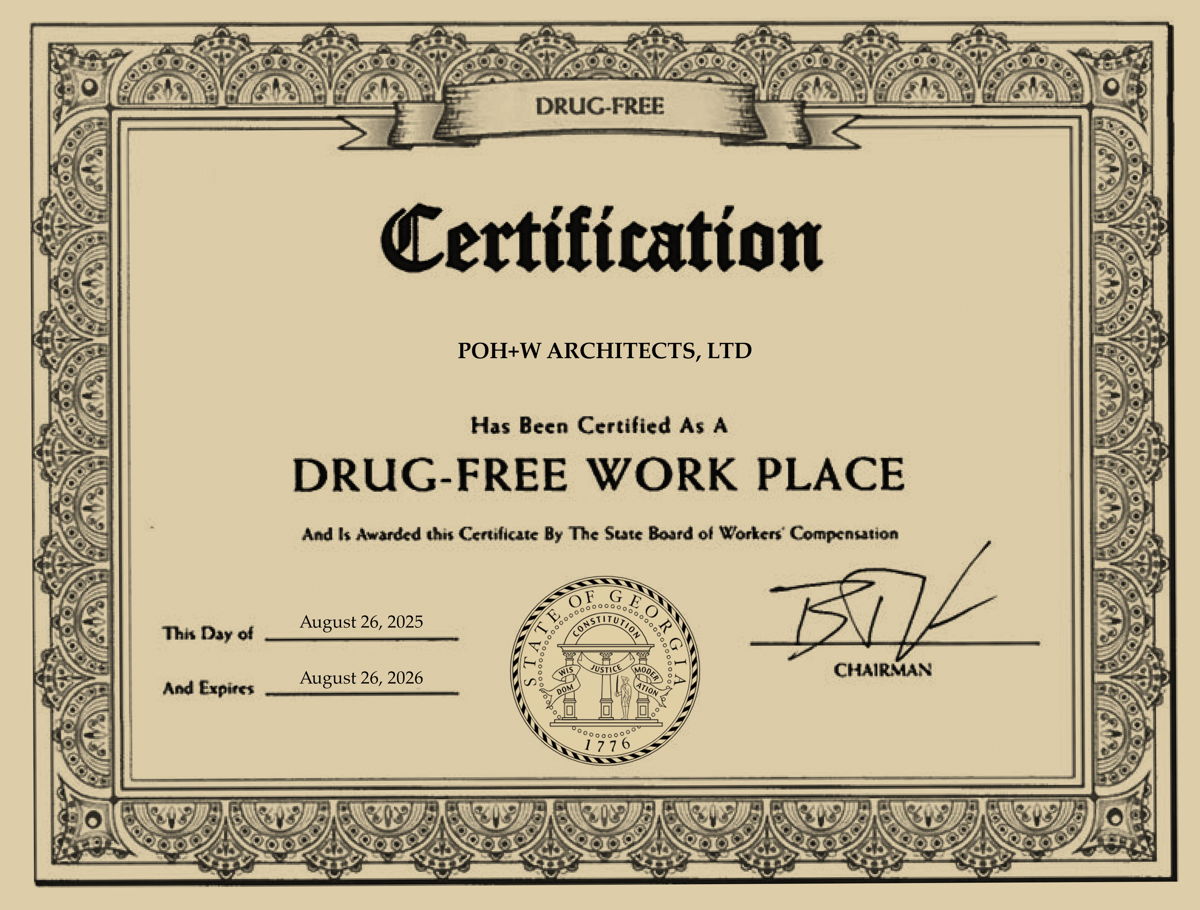 POH+W Drug Free Workplace Certificate